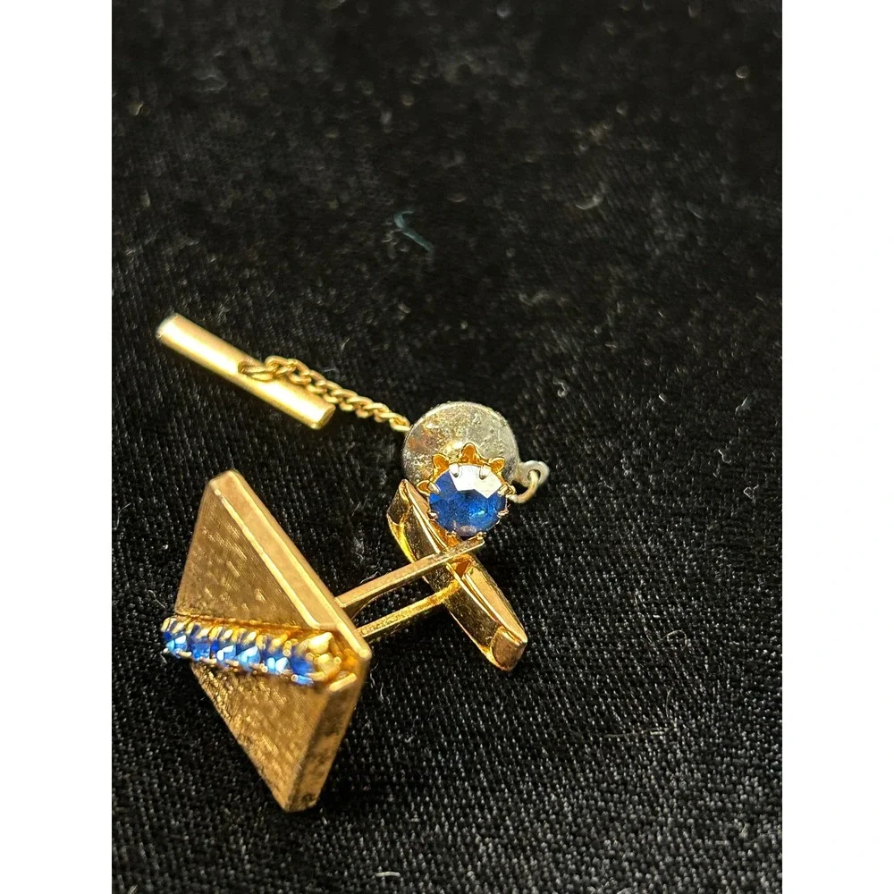 Vintage Gold Tone Textured Square Cufflinks and Tie Tack Set Blue Rhinestones